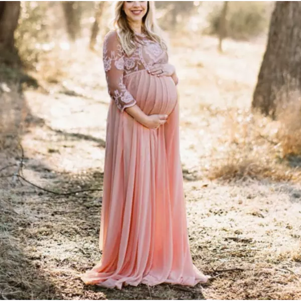 فستان لون زهري للحامل دانتيل وشيفون
